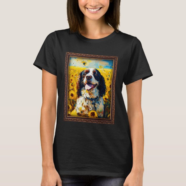 English Springer Spaniel Painting Sunflower Flower T Shirt (Framsida)