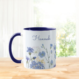 Engrammad Blue Watercolor Wildblomskugga Mugg