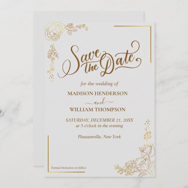 Engrating Golden Blommigt Bröllop spara datum Inbjudningar (Fram/baksida)