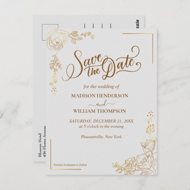 Engrating Golden Blommigt Bröllop spara datum Vykort (Fram/baksida)
