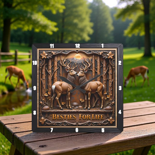Engraved Deer Stag Pair Forest Fyrkantig Klocka (Skapare uppladdad)