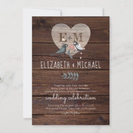 Engraved Heart Love birds Rustic Wood Bröllop Inbjudningar