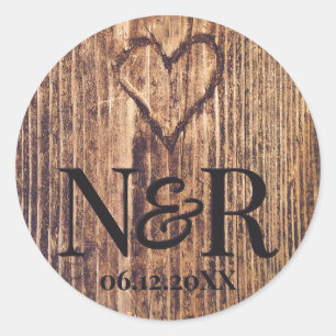Engraved Heart Rustic Wood Cute Farmhouse Bröllop Runt Klistermärke