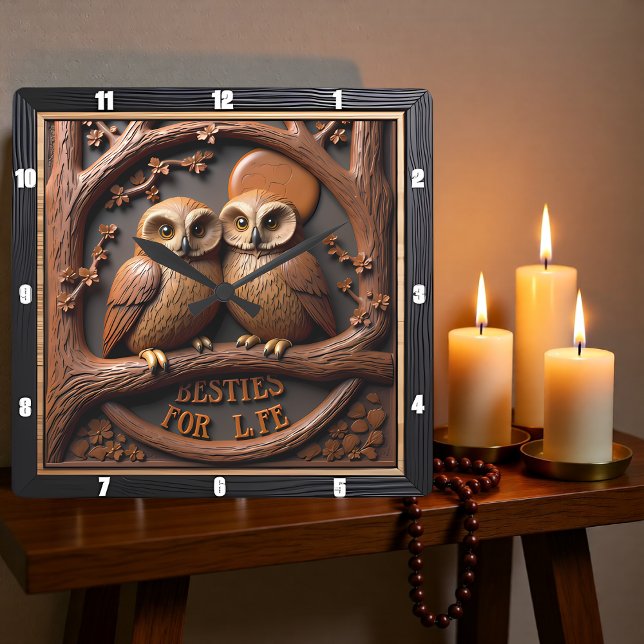 Engraved Owls Branch Round Frame Fyrkantig Klocka (Skapare uppladdad)