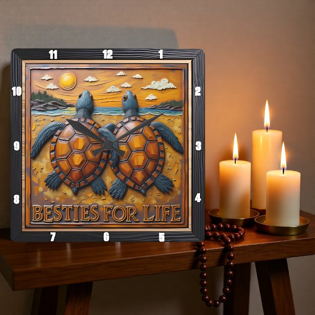 Engraved Turtle Pair Blue Shore Fyrkantig Klocka (Skapare uppladdad)