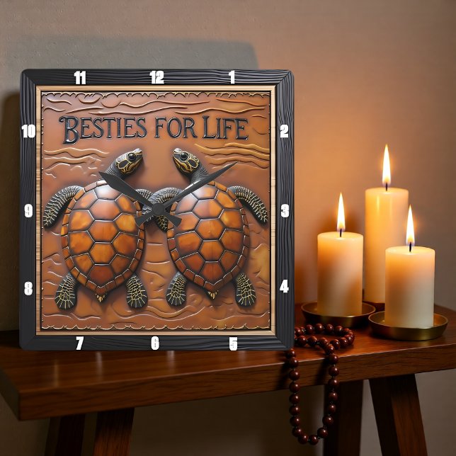 Engraved Turtle Pair Brown Monotone Fyrkantig Klocka (Skapare uppladdad)