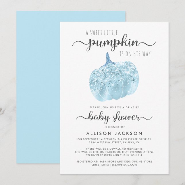 Enhet efter Pumpkin Blue Glitter Gnistra Baby Show Inbjudningar (Fram/baksida)