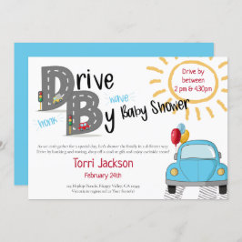 Enhet med babyskor, blå bil och ballonger inbjudningar