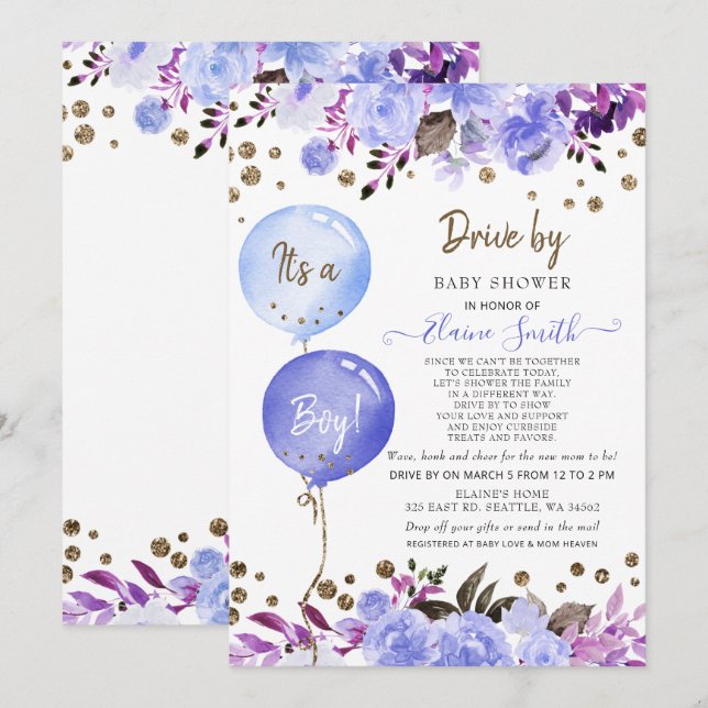 Enhet med ballonger Blue Blommigt Boy Shower Inbjudningar (Fram/baksida)