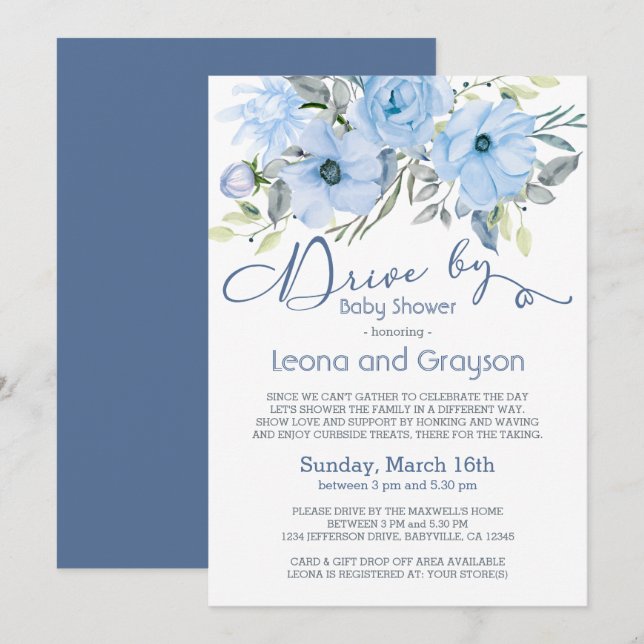 Enhet med Blommigten Babyskor Dusty Blue Watercolo Inbjudningar (Fram/baksida)