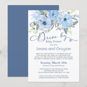 Enhet med Blommigten Babyskor Dusty Blue Watercolo Inbjudningar