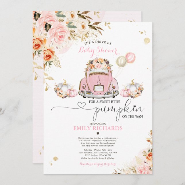 Enhet med Pumpkin för babysknappen Rosa Guld Inbjudningar (Fram/baksida)