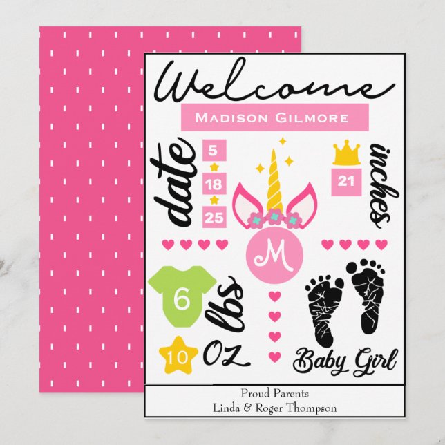 Enhetsfödselstatistik för enhörningsflickor i rosa inbjudningar (Fram/baksida)