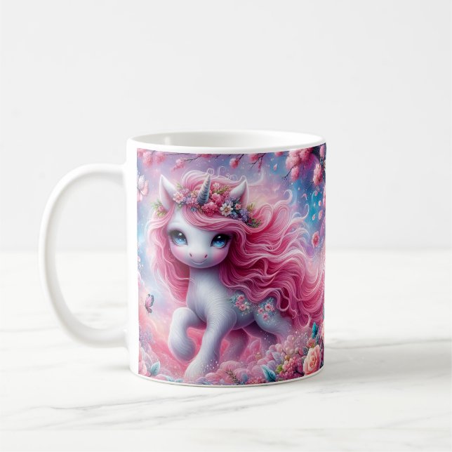 Enhjörning med rosa hjärtan kaffemugg (Vänster)