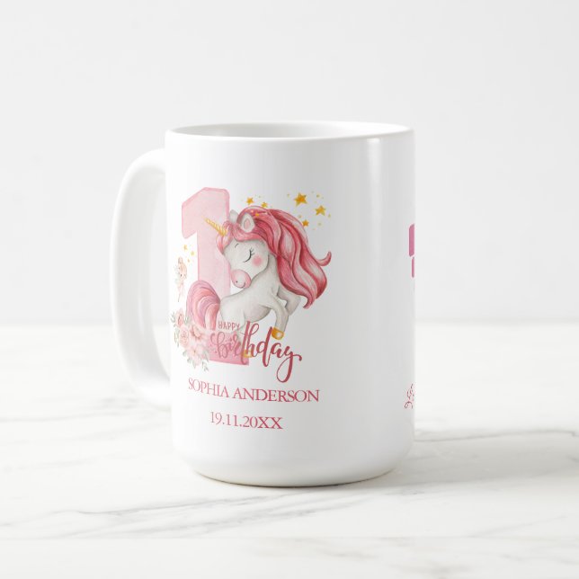 Enhörning 1:a födelsedag Rosa litet tjej  Kaffemugg (Framsida vänster)
