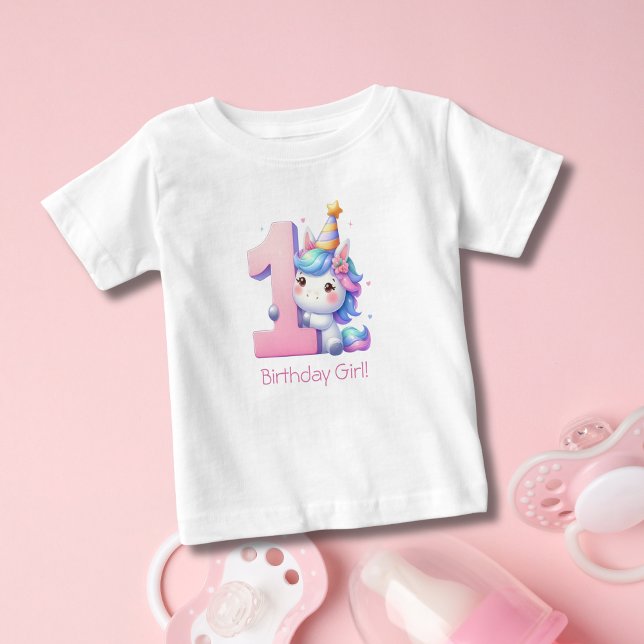 Enhörning 1:a Första Födelsedags T-shirt för Flick (Unicorn 1st Birthday T-shirt for baby girl. Personalize it with her name or text)