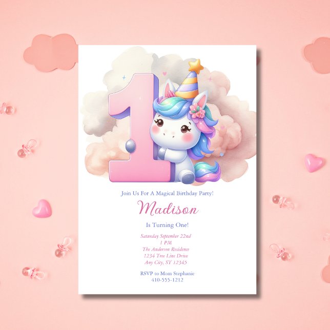 Enhörning 1:a Första Rosa Blå Lila Flickas Födelse Inbjudningar (Unicorn 1st First Birthday party Invitation. Girls, Pink blue purple, watercolor. Printed or Digital)