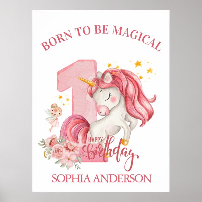 Enhörning 1-års födelsedag Rosa Liten Flicka Poster (Framsidan)