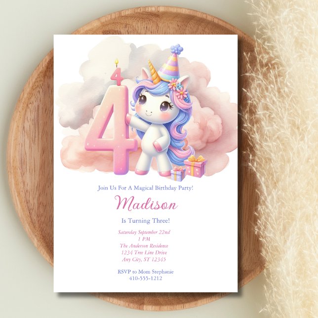 Enhörning 4:e Födelsedag Rosa Blå Lila Flicktema  Inbjudningar (Unicorn 4th Fourth Girls Birthday invitation. Blue Pink Purple Watercolor, Printed or Digital )