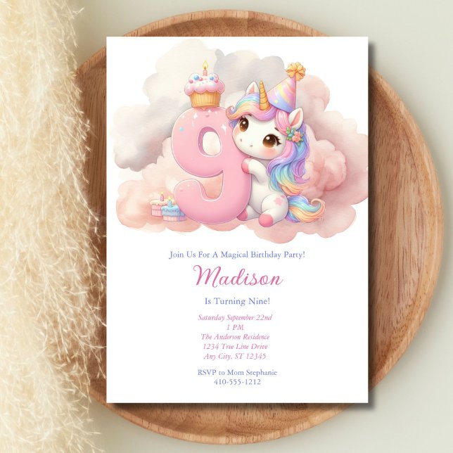 Enhörning 9:e Nionde Rosa Blå Lila Flickfödelsedag Inbjudningar (Unicorn Girls 9th Birthday party invitation. Printed or Instant digital download,)