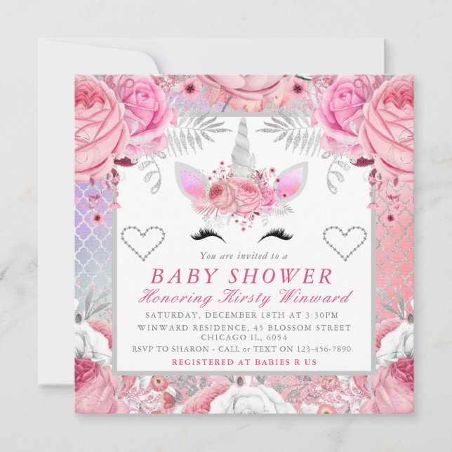 Enhörning Ansikte Rosa Silver Baby Shower Fyrkanti Inbjudningar (Framsida)