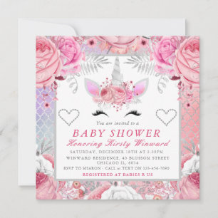 Enhörning Ansikte Rosa Silver Baby Shower Fyrkanti Inbjudningar