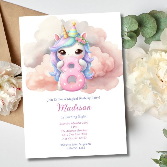 Enhörning Åtta 8:e Pink Blå Lila Flickfödelsedag  Inbjudningar (Girls Unicorn 8th Eight Birthday Invitation. Printed or Instant Digital Download)