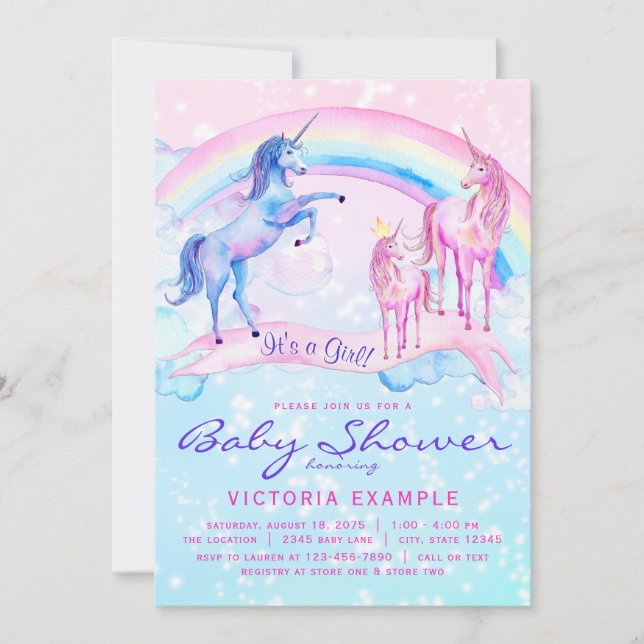 Enhörning Baby Shower Inbjudningar Pastell Enhörni (Framsida)