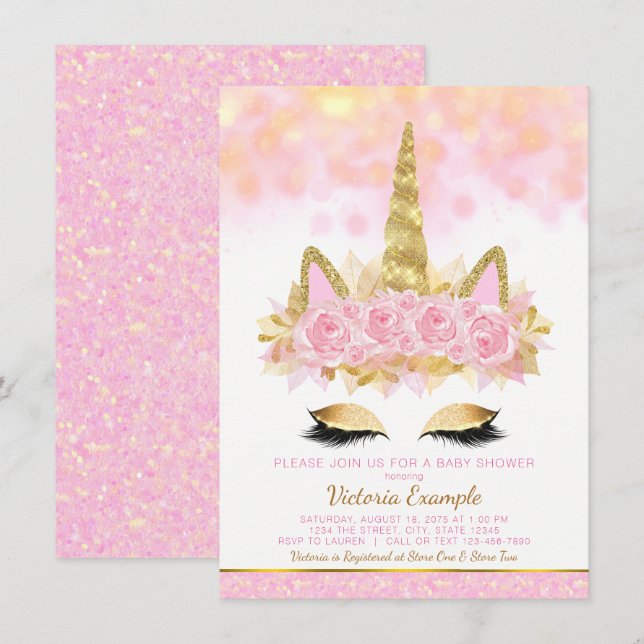 Enhörning Baby Shower Inbjudningar Rosa Guld Enhör (Fram/baksida)