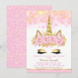 Enhörning Baby Shower Inbjudningar Rosa Guld Enhör