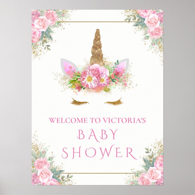Enhörning Babyflicka Shower Välkomstskylt Poster (Framsidan)