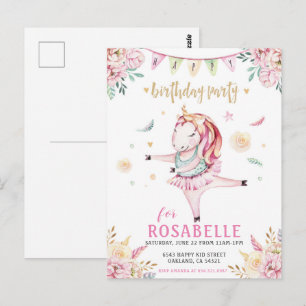 Enhörning ballerina rosa blommig födelsedagsinbjud vykort