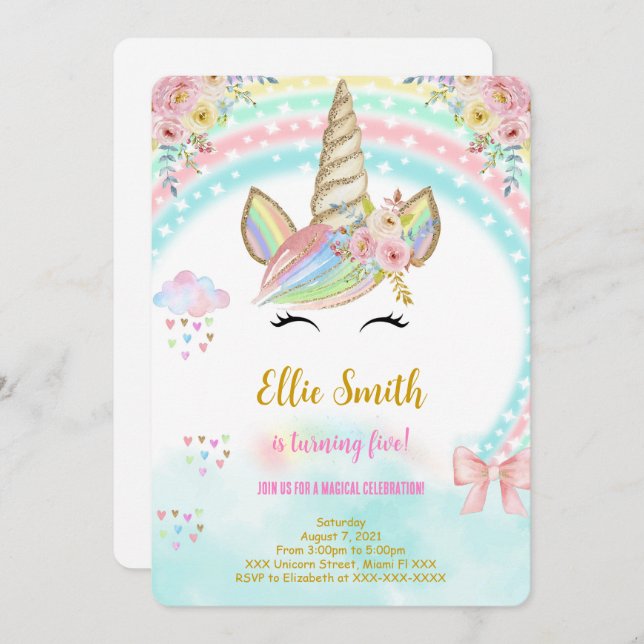 Enhörning barn Födelsedagsinbjudan Inbjudningar (Fram/baksida)