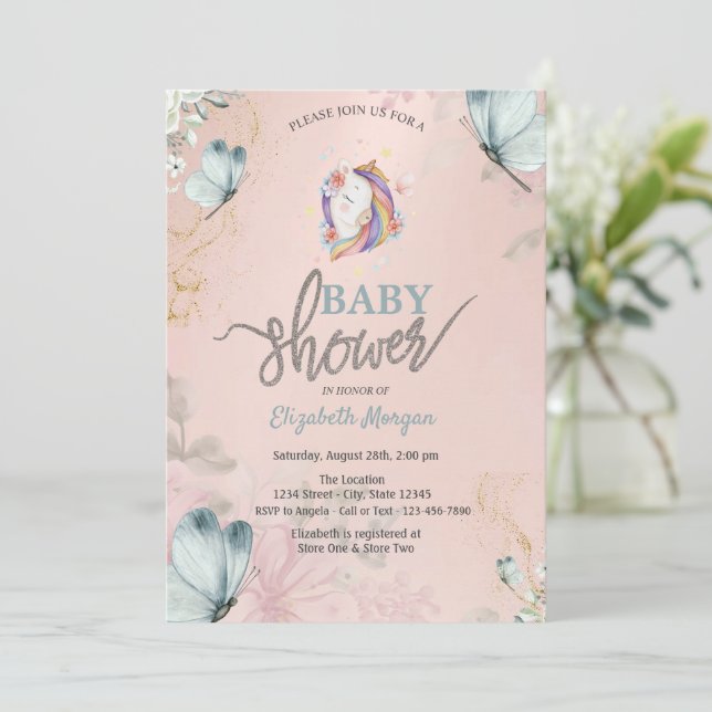 Enhörning Blå Fjärilar Baby Shower Inbjudningar (Stående Fram)