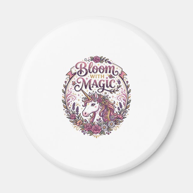 Enhörning Blommar med Magi POD Redo Vit Bakgrund Magnet (Framsidan)