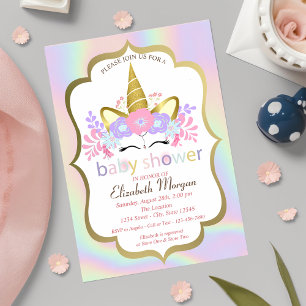 Enhörning, Blommig, Holografisk Baby Shower Inbjud Inbjudningar