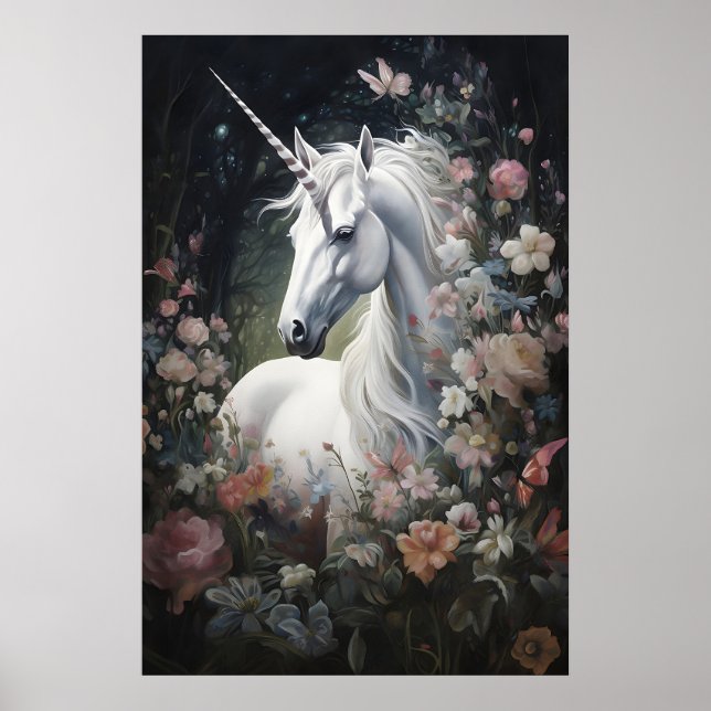 Enhörning Blommig Skogsutskrift, Mörk Akademi Vägg Poster (Framsidan)