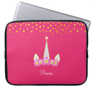 Enhörning, blommor & gyllene konfetti på rosa laptop fodral
