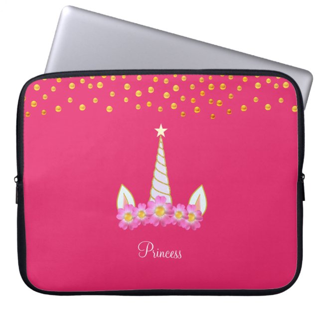 Enhörning, blommor & gyllene konfetti på rosa laptop fodral (Framsidan)