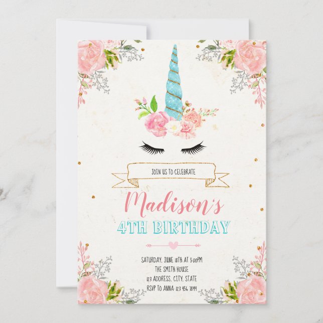 Enhörning blomsterinbjudan inbjudningar (Framsida)