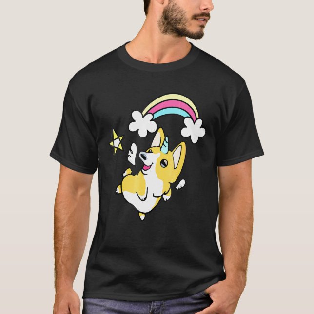 Enhörning Corgi Regnbåge Grafisk Klotter T Shirt (Framsida)