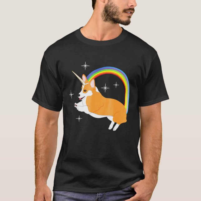 Enhörning Corgi Söt Valp Hund Regnbåge Gnistrande  T Shirt (Framsida)