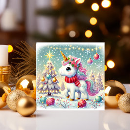 Enhörning dekorerar en julgran julkort