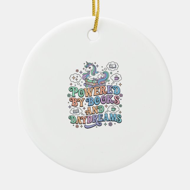 Enhörning Driven av Böcker och Dagdrömmar Kawaii V Julgransprydnad Keramik (Framsidan)