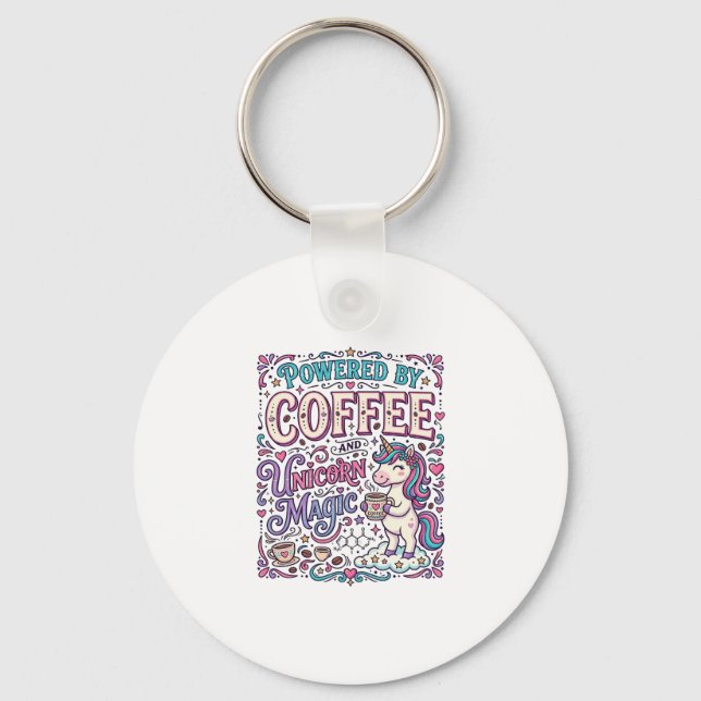 Enhörning Driven av Kaffe och Enhörningsmagi Färg Nyckelring (Framsida)