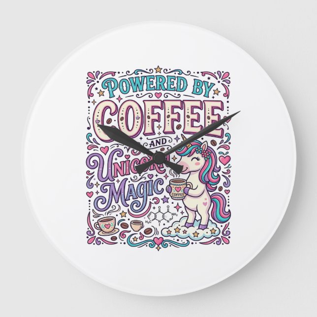Enhörning Driven av Kaffe och Enhörningsmagi Färg Stor Klocka (Framsida)