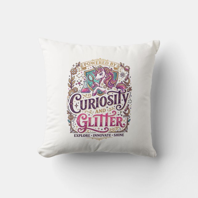 Enhörning Driven av Nyfikenhet och Glitter Stilful Kudde (Framsida)