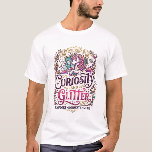 Enhörning Driven av Nyfikenhet och Glitter Stilren T Shirt (Framsida)