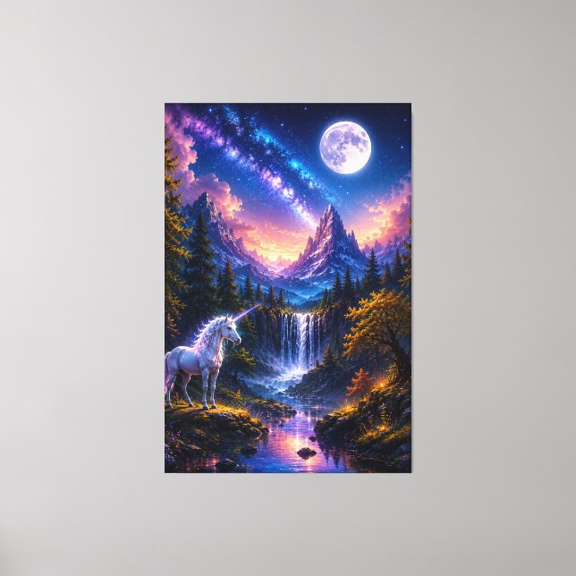 Enhörning Fantasi under månljus på sträckt canvas  (Framsida)