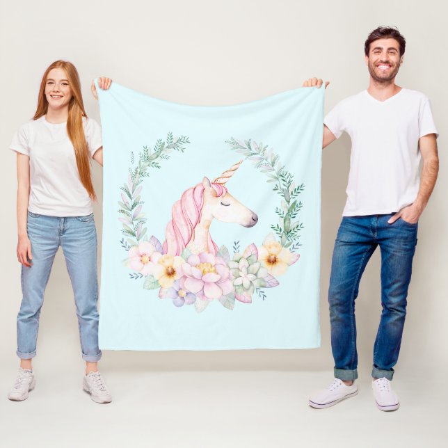 Enhörning Filta Blommig Akvarell Enhörning Filta Fleecefilt (På plats)